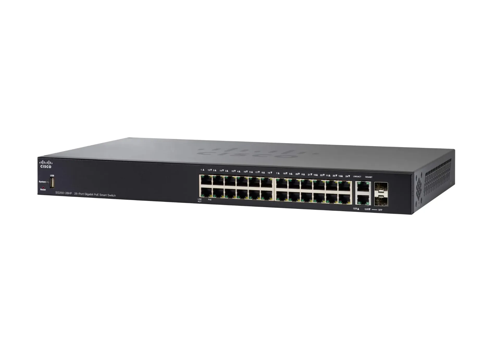Switch Cisco SG250-26HP-K9-NA | 26 Puertos Gigabit | Smart Managed | PoE+ | Rack 19"