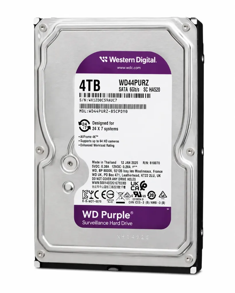Disco Duro Western Digital Purple 4TB | WD44PURZ | SATA 6Gb/s | 3.5" | Para Videovigilancia 24/7